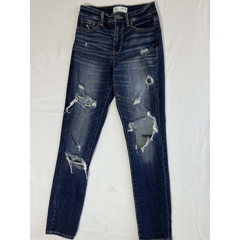 BKE Buckle Women's Size 23 Dark Wash Distressed Denim‎ High Rise Mom Jeans